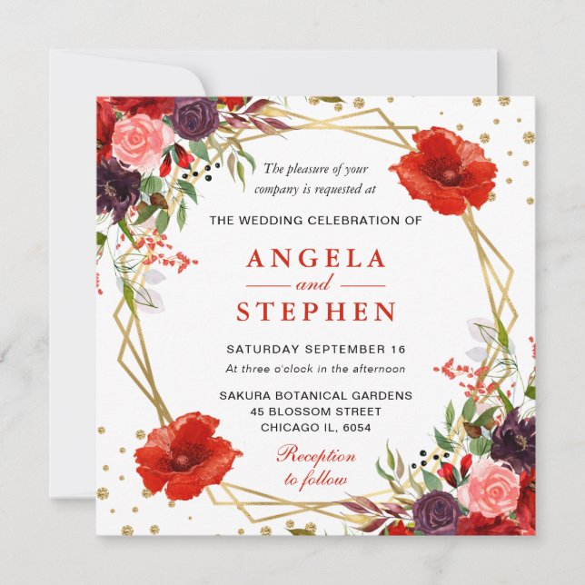 Invitación Boho Watercolor Fall Flowers Gold Frame Boda (Anverso)