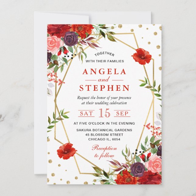 Invitación Boho Watercolor Fall Flowers Gold Frame Boda (Anverso)
