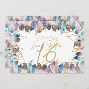 Invitación Boho Watercolor Feathers Gold Sweet 16 Invitacione