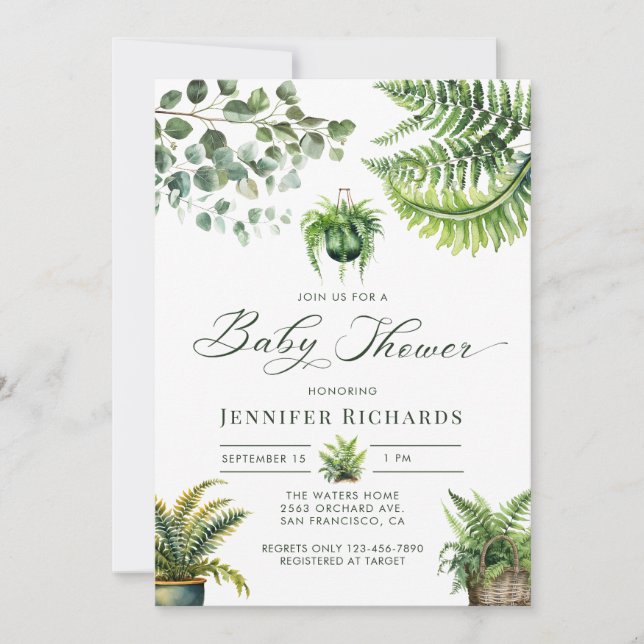 Invitación Boho Watercolor Fern Eucalyptus Baby Shower (Anverso)