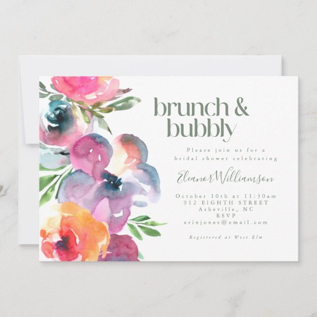 Invitación Boho Watercolor Flor Bridal Shower Brunch Bubbly (Anverso)