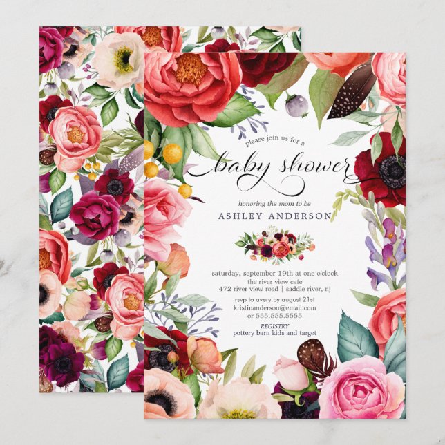 Invitación Boho Watercolor Floral Baby Shower (Anverso / Reverso)