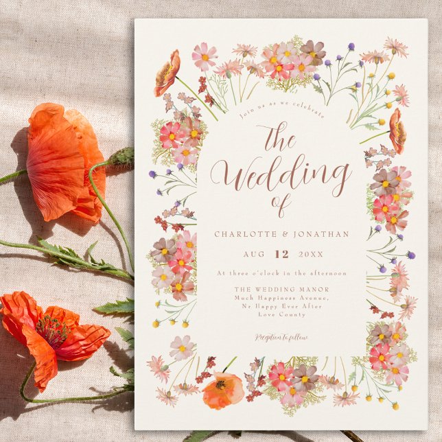 Invitación Boho Watercolor Floral Boda (Elegant script wildflower wedding invitation)
