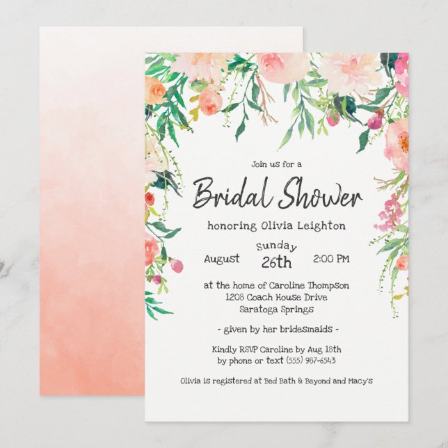 Invitación Boho Watercolor Floral Bridal Shower (Anverso / Reverso)