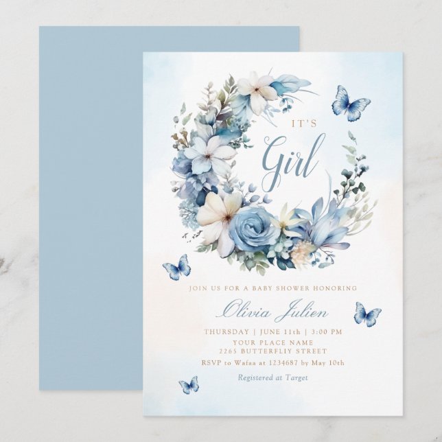Invitación Boho Watercolor Floral Butterfly Chica Baby Shower (Anverso / Reverso)