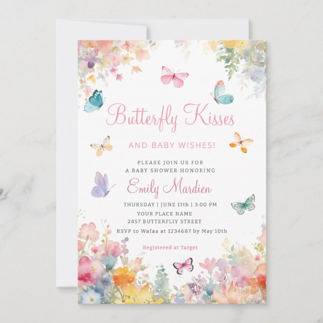 Invitación Boho Watercolor Floral Butterfly Chica Baby Shower (Anverso)