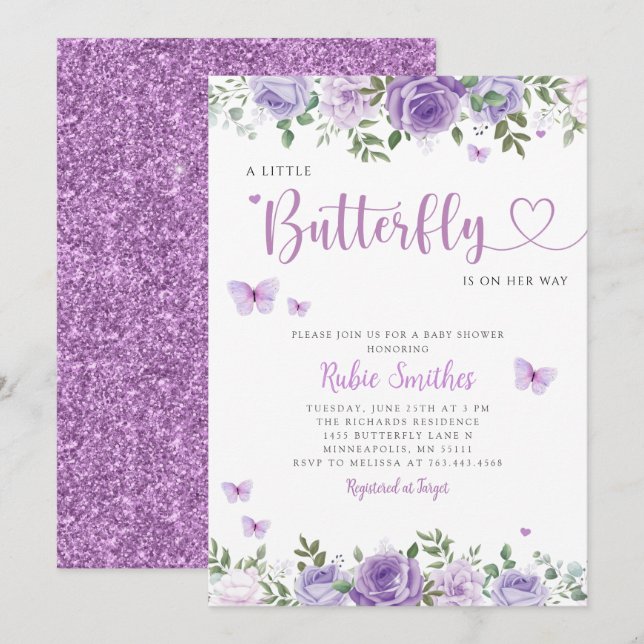 Invitación Boho Watercolor Floral Butterfly Chica Baby Shower (Anverso / Reverso)