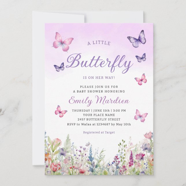 Invitación Boho Watercolor Floral Chica Mariposa Baby Shower (Anverso)