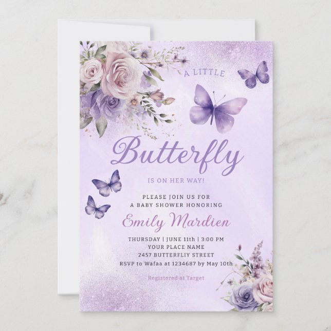 Invitación Boho Watercolor Floral Chica Mariposa Baby Shower (Anverso)