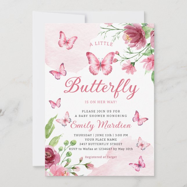 Invitación Boho Watercolor Floral Chica Mariposa Baby Shower (Anverso)