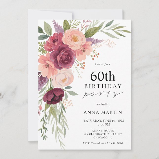 Invitación Boho Watercolor Floral Fiesta de cumpleaños número (Anverso)