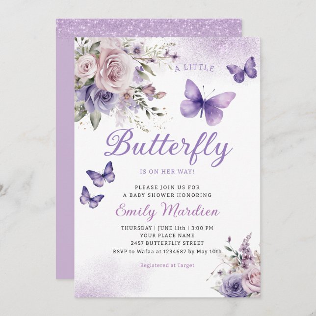 Invitación Boho Watercolor Floral Girl Butterfly Baby Shower (Anverso / Reverso)