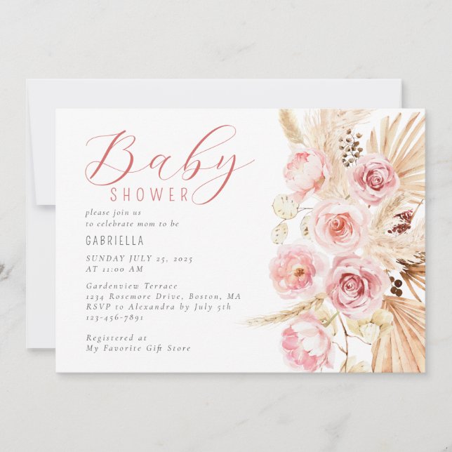 Invitación Boho Watercolor Floral Pampas Baby Shower (Anverso)