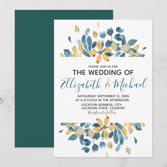 Invitación Boho Watercolor Floral Verde azulado boda amarillo (Anverso / Reverso)