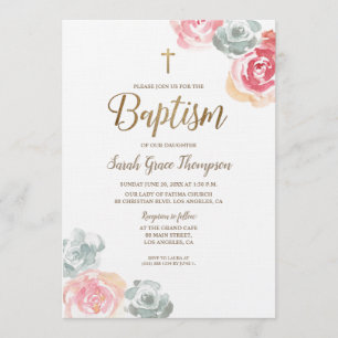 Invitación Boho Watercolor flores bebe rosa Baptismo
