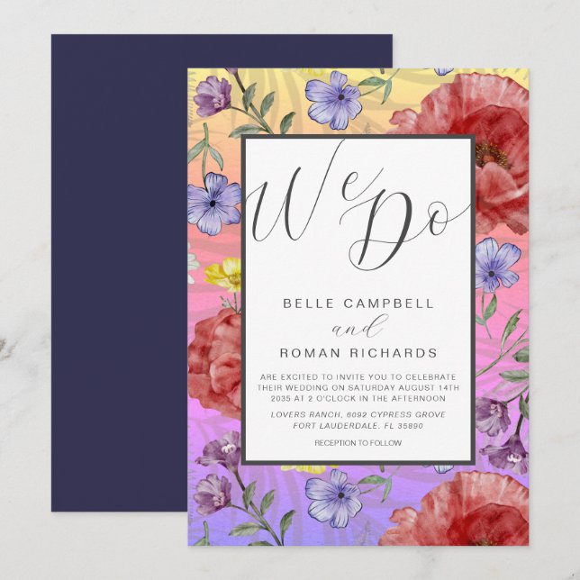 Invitación Boho Watercolor Flores salvajes Boda colorido (Anverso / Reverso)