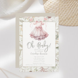 Invitación Boho Watercolor Flores Vestido Rosa Baby Shower