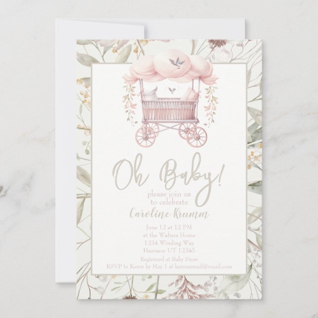 Invitación Boho Watercolor Flowers Bassinet Baby Shower (Anverso)