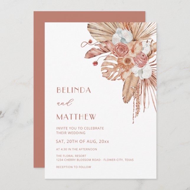 Invitación Boho Watercolor Flowers Casual Wedding (Anverso / Reverso)