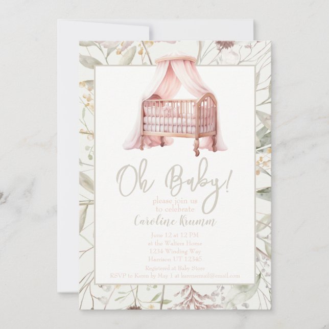 Invitación Boho Watercolor Flowers Cradle Baby Shower (Anverso)