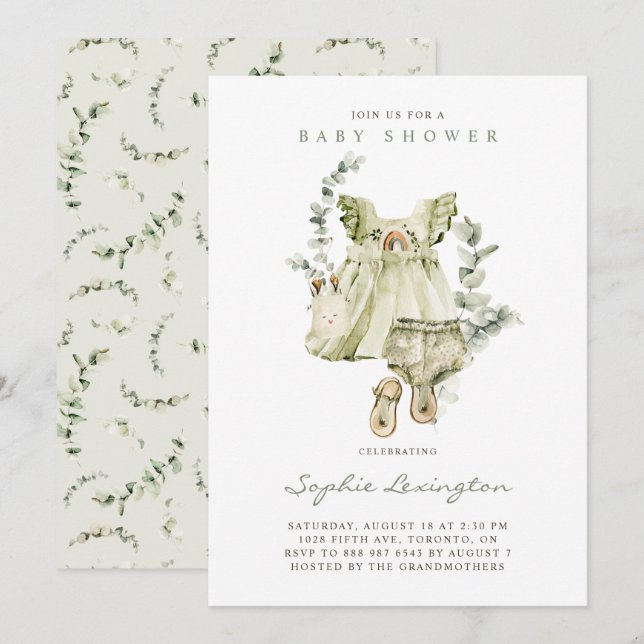 Invitación Boho Watercolor Green Dress Eucalyptus Baby Shower (Anverso / Reverso)