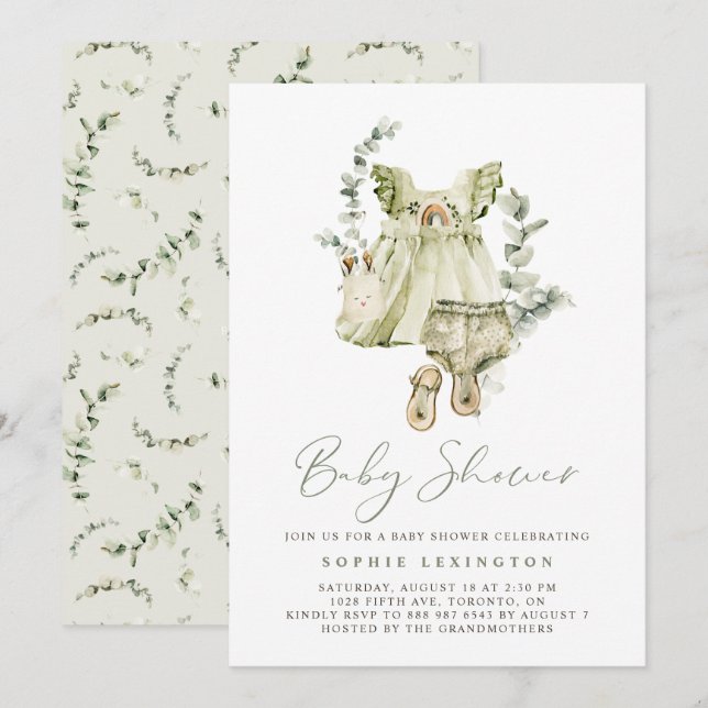 Invitación Boho Watercolor Green Dress Greenery Baby Shower (Anverso / Reverso)