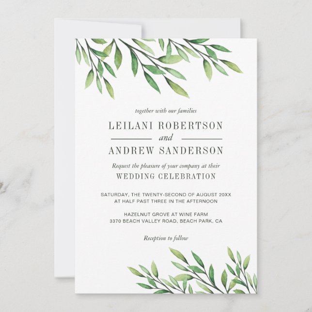 Invitación Boho Watercolor Greenery Elegante Clásico (Anverso)