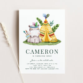Invitación Boho Watercolor Hippo Tribal Primer Cumpleaños Par
