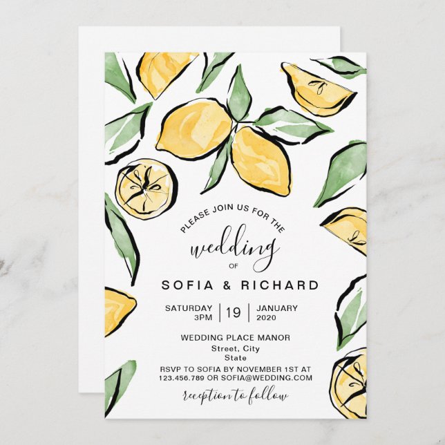 Invitación Boho Watercolor Lemon Citrus Verdor (Anverso / Reverso)