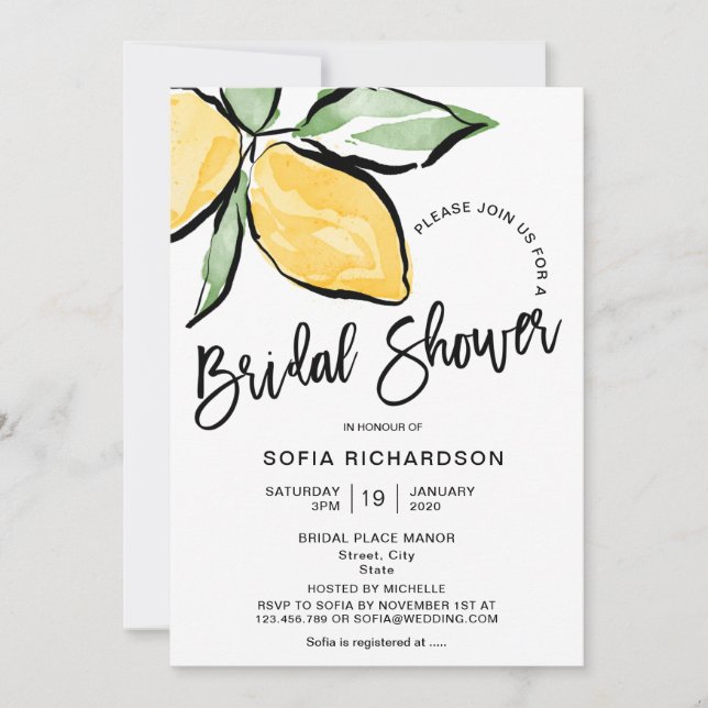 Invitación Boho Watercolor Lemon Citrus Verdor (Anverso)