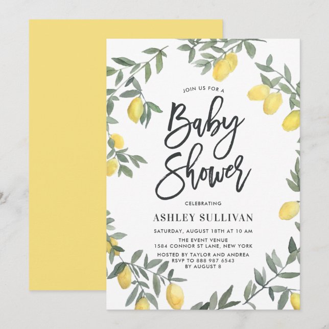 Invitación Boho Watercolor Lemon Wreath Baby Shower (Anverso / Reverso)