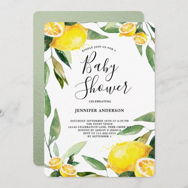 Invitación Boho Watercolor Lemon Wreath Baby Shower (Anverso / Reverso)