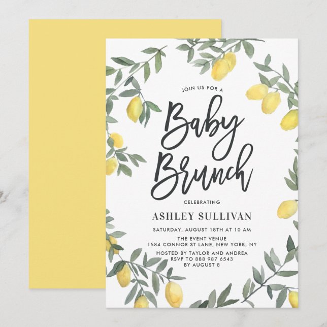 Invitación Boho Watercolor Lemon Wreath Baby Shower Brunch (Anverso / Reverso)