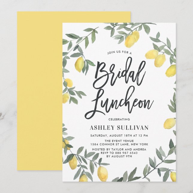 Invitación Boho Watercolor Lemon Wreath Bridal Luncheon (Anverso / Reverso)