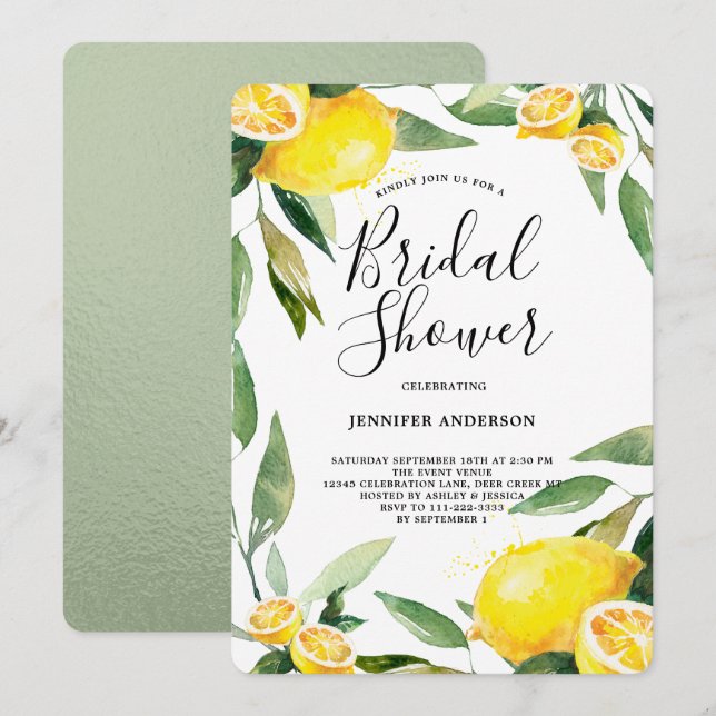 Invitación Boho Watercolor Lemon Wreath Brillante (Anverso / Reverso)