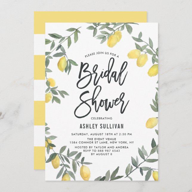 Invitación Boho Watercolor Lemon Wreath Brillante (Anverso / Reverso)