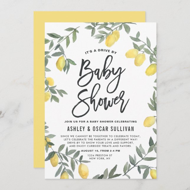 Invitación Boho Watercolor Lemon Wreath Drive De Baby Shower (Anverso / Reverso)