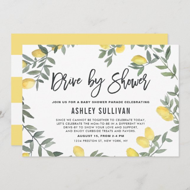 Invitación Boho Watercolor Lemon Wreath Drive De Baby Shower (Anverso / Reverso)