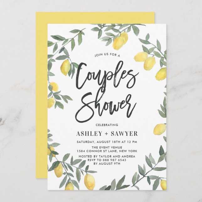 Invitación Boho Watercolor Lemon Wreath Parejas Ducha (Anverso / Reverso)