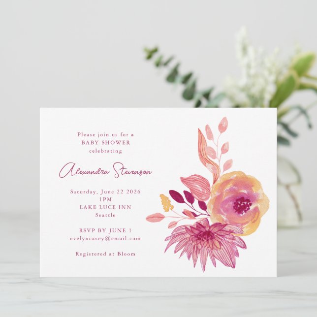 Invitación Boho Watercolor Magenta Flores Rojas Baby Shower (Anverso de pie)
