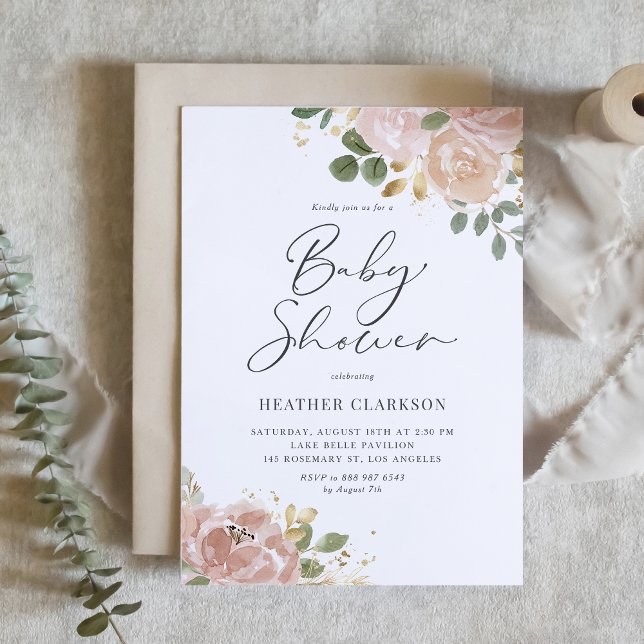 Invitación Boho Watercolor Mauve Feach Baby Shower (Elegant Baby Shower Invitation with Watercolor Mauve Peach Flowers and Faux Gold Foil Accents)