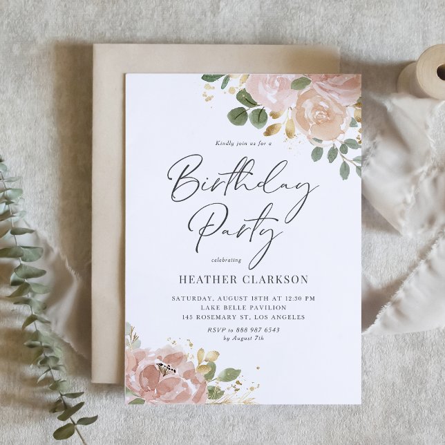 Invitación Boho Watercolor Mauve Feach Flowday Party (Boho Watercolor Mauve Peach Flowers Birthday Party Invitation)