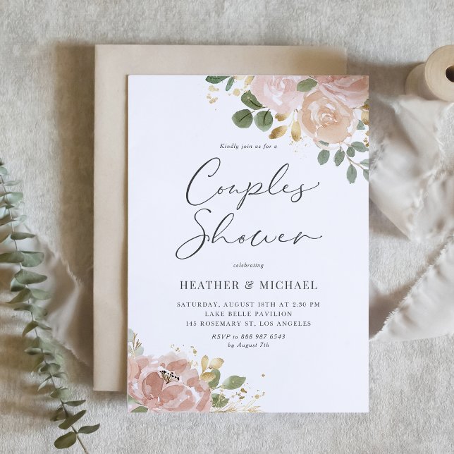 Invitación Boho Watercolor Mauve Flores Peach Ducha Parejas (Boho Watercolor Mauve Peach Flowers Couples Shower Invitation)