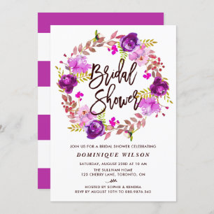 Invitación Boho Watercolor Morado Floral Wreath Brillante Duc