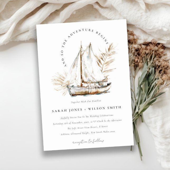 Invitación Boho Watercolor Palm Sailboat Seascape Boda (Subido por el creador)