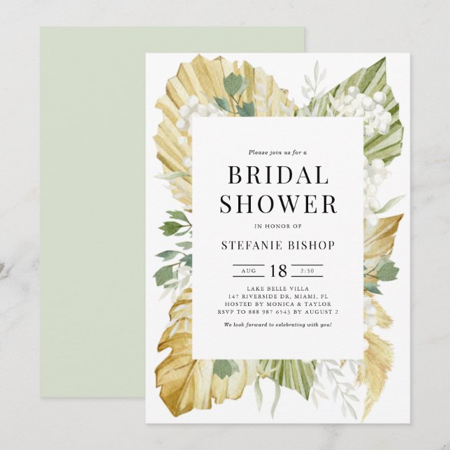 Invitación Boho Watercolor Palm Seco Deja Ducha De Novias (Anverso / Reverso)