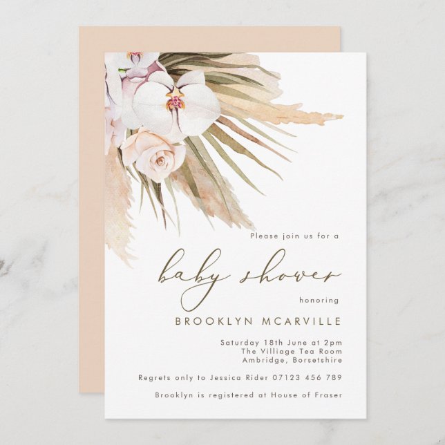 Invitación Boho Watercolor Pampas Grass Baby Shower (Anverso / Reverso)