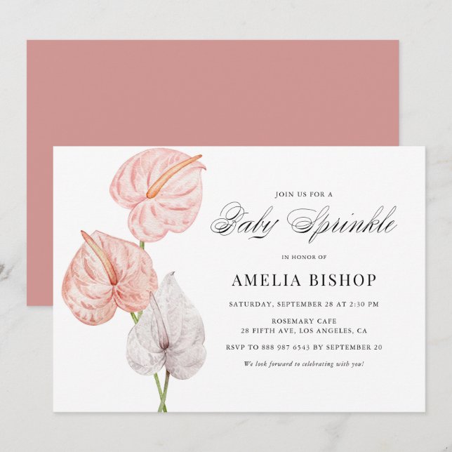 Invitación Boho Watercolor Pink Anthuriums Baby Sprinkle (Anverso / Reverso)