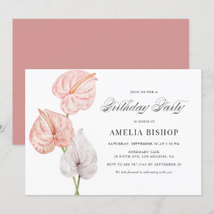 Invitación Boho Watercolor Pink Anthuriums Tropical Birthday