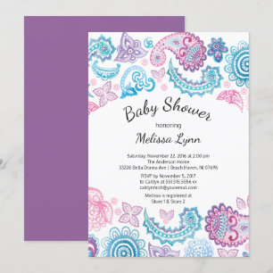 Invitación Boho Watercolor Pink Blue Paisley Baby Shower